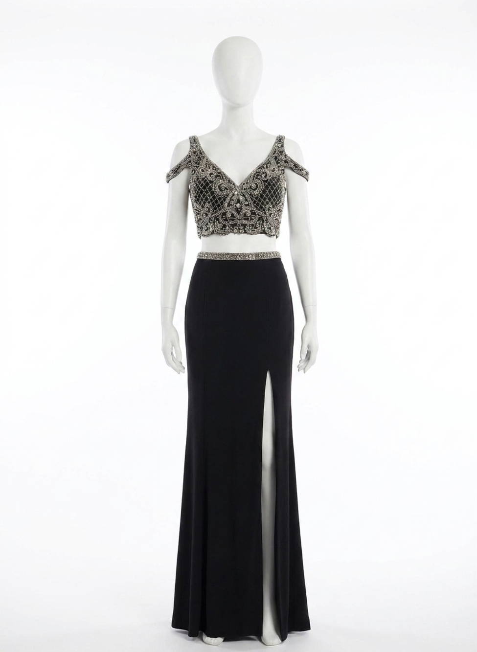 NEW RACHEL ALLAN embellished jersey two-piece evening gown in black